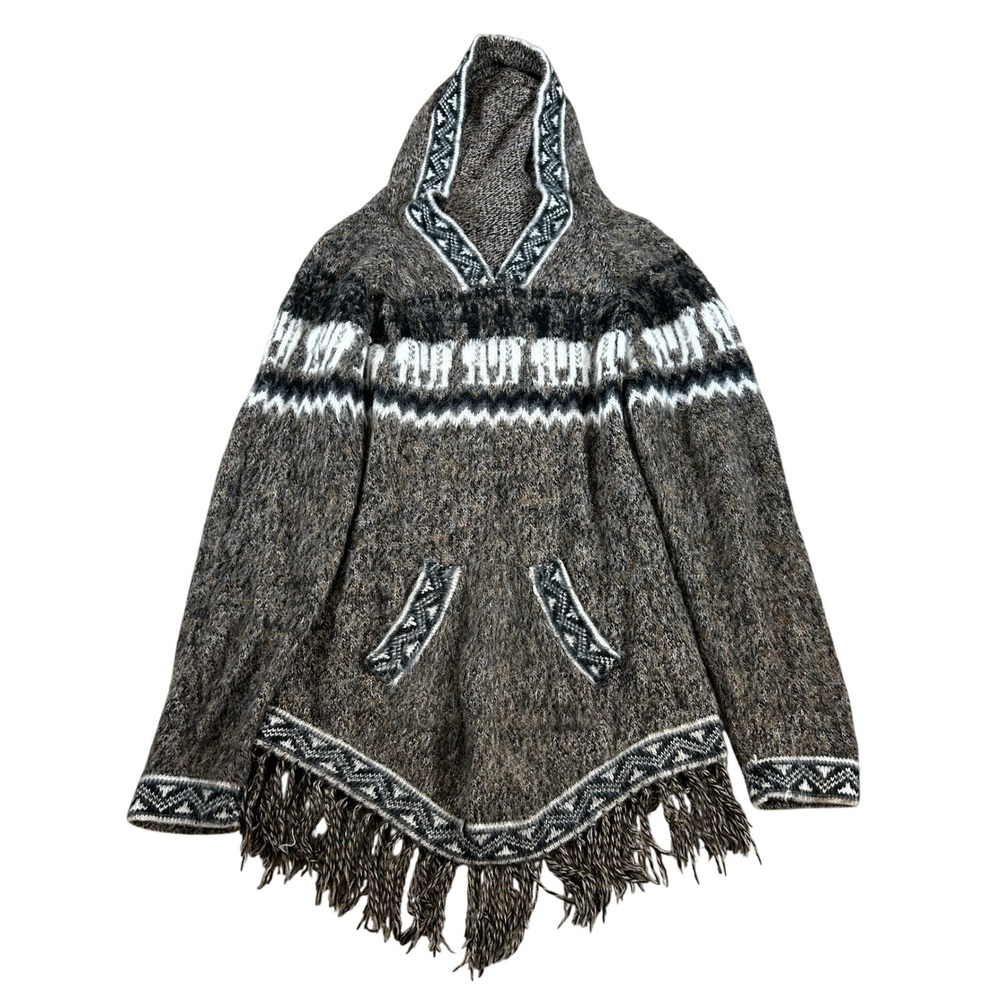 Native Arts Alpaca Acrylic Blend Hooded‎ Poncho Sweater Fringe Size Small